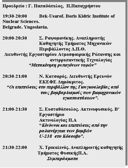 Text Box:  : . ,  .

19:30-20:00		Bek-Usarof. Boris Kidric Institute of Nuclear Sciences.
Belgrade. Yugoslavia.

20:00-20:30	. .      ...
      
  

20:30-21:00	N. .    .
           .

21:00-21:30	. . .  
 .
       
U-238   .

21:30-22:00		X. .     ..

